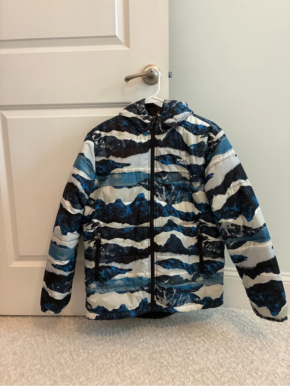 The North Face Kids Blue, Navy & White Mountain-Print Puffer Jacket
